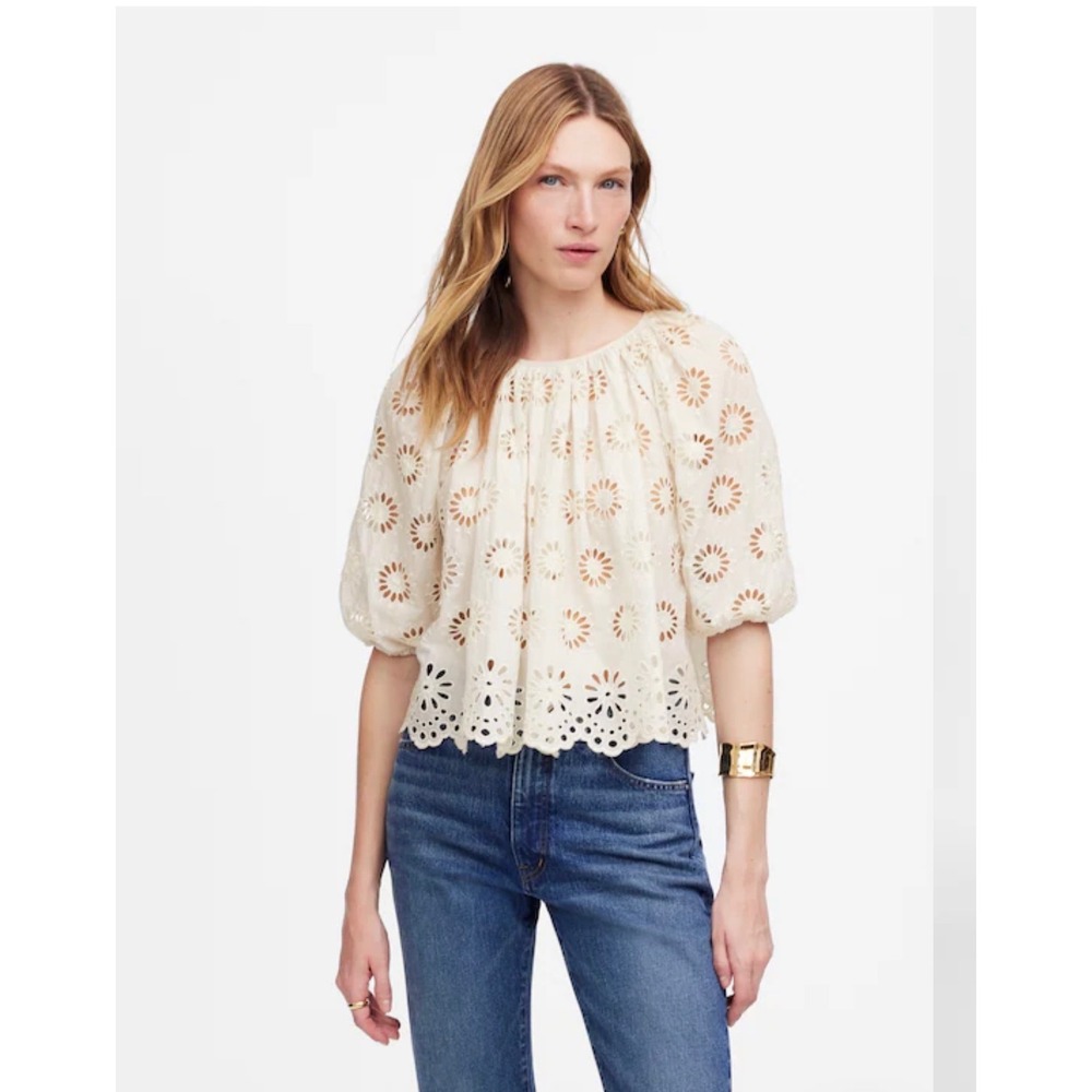 Madewell Eyelet Puff-Sleeve Top Womens XL Cream Excellent Scalloped Hem NV195